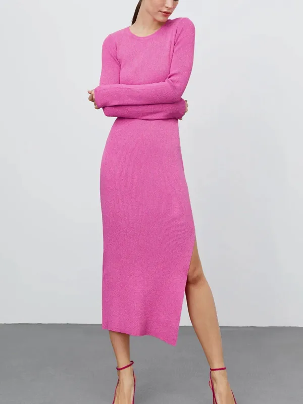 Pink Long Sleeve Rib Slit Midi Sweater Dress sold by COMMENSE