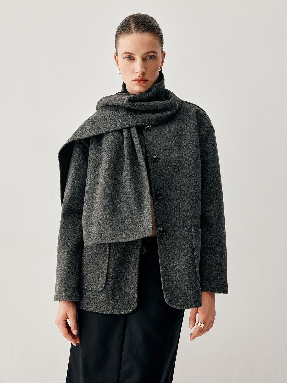 Tweed Pocket Wool Coat with Matching Scarf sold by COMMENSE product image thumbnail 5