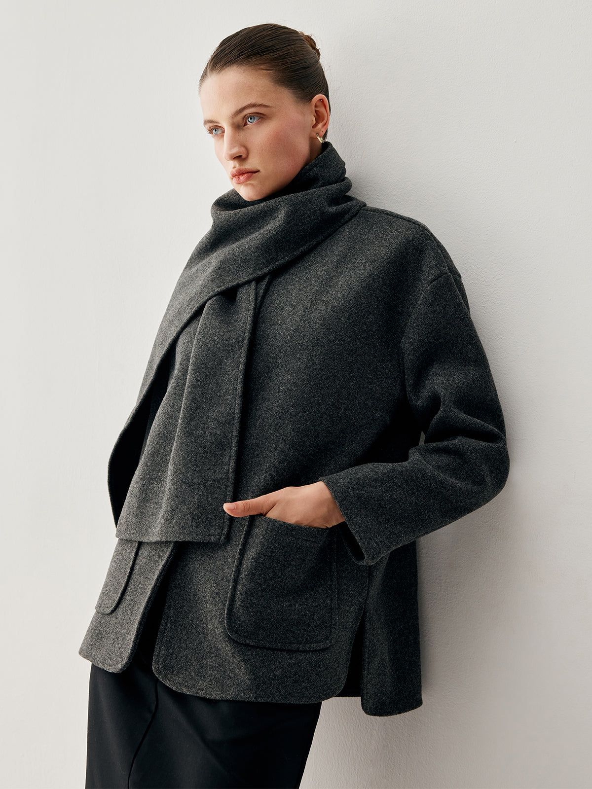 Tweed Pocket Wool Coat with Matching Scarf sold by COMMENSE product image thumbnail 2