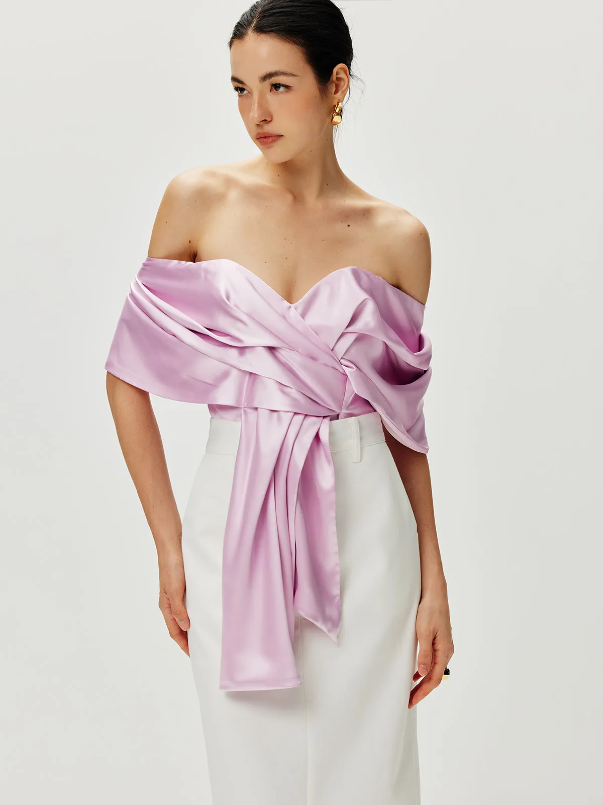 Satin Pleated Off Shoulder Top sold by COMMENSE
