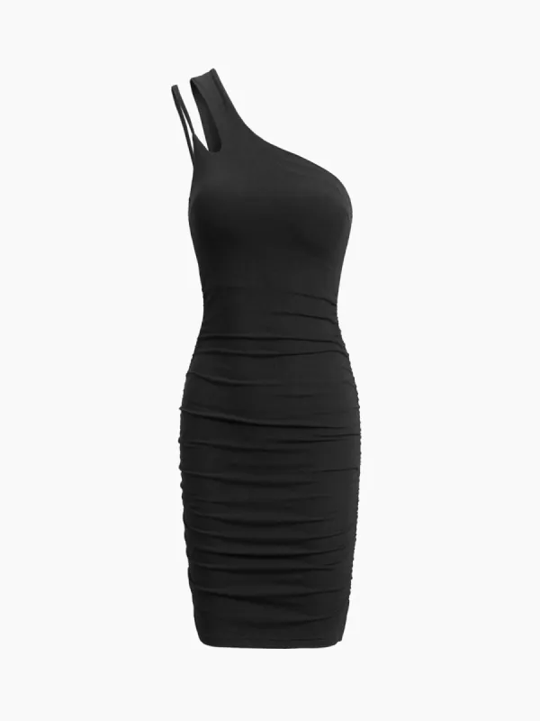 Asymmetrical Strap Ruched Short Dress sold by COMMENSE