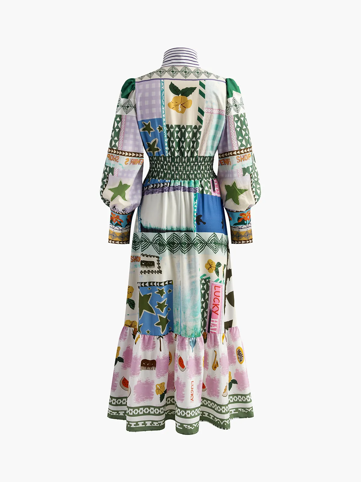 Print Stand Collar Shirred Dress sold by COMMENSE product image thumbnail 2