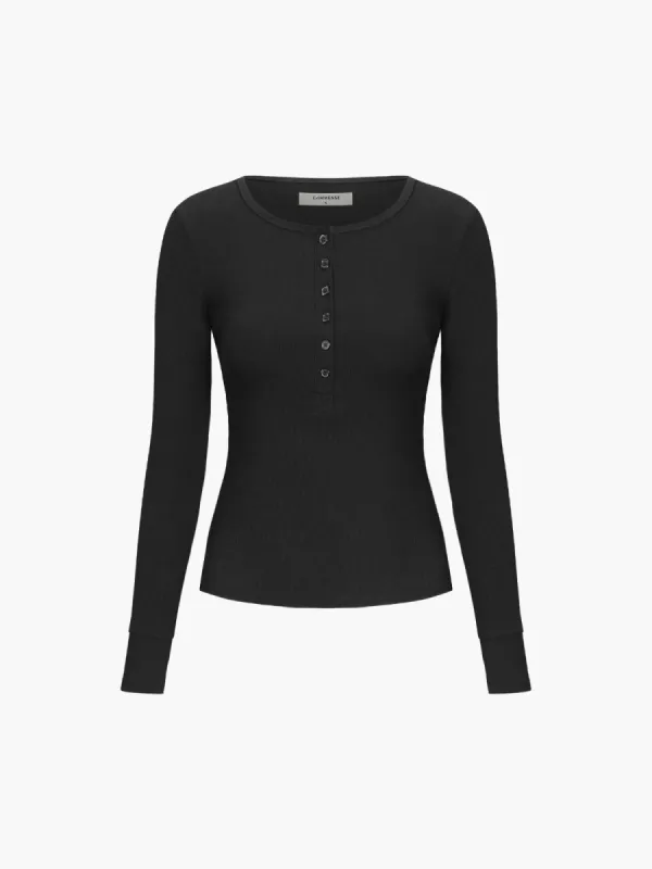 Half Buttoned Long Sleeve Rib Shirt made by COMMENSE
