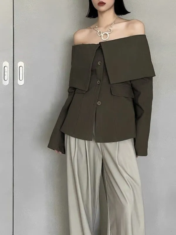 Overfold Off Shoulder Button-down Blazer sold by COMMENSE