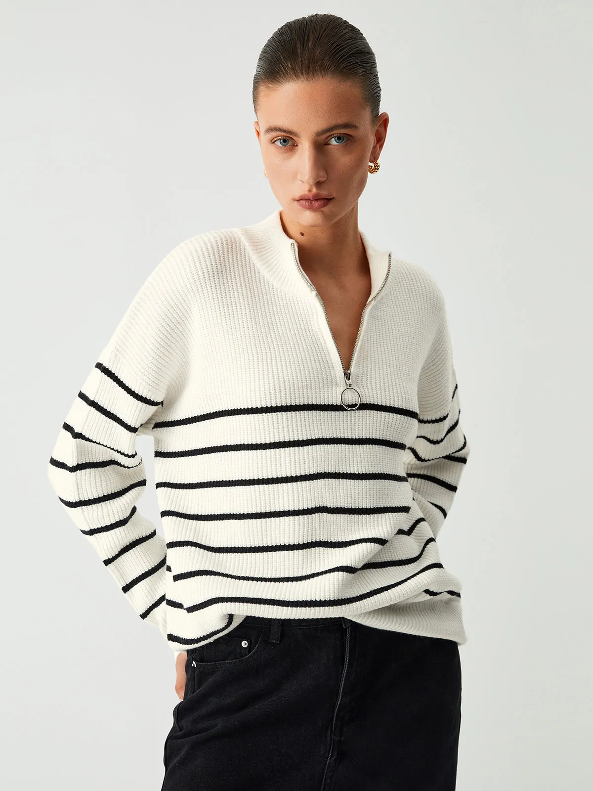 Miss Paris Stripe Zip Up Sweater sold by COMMENSE