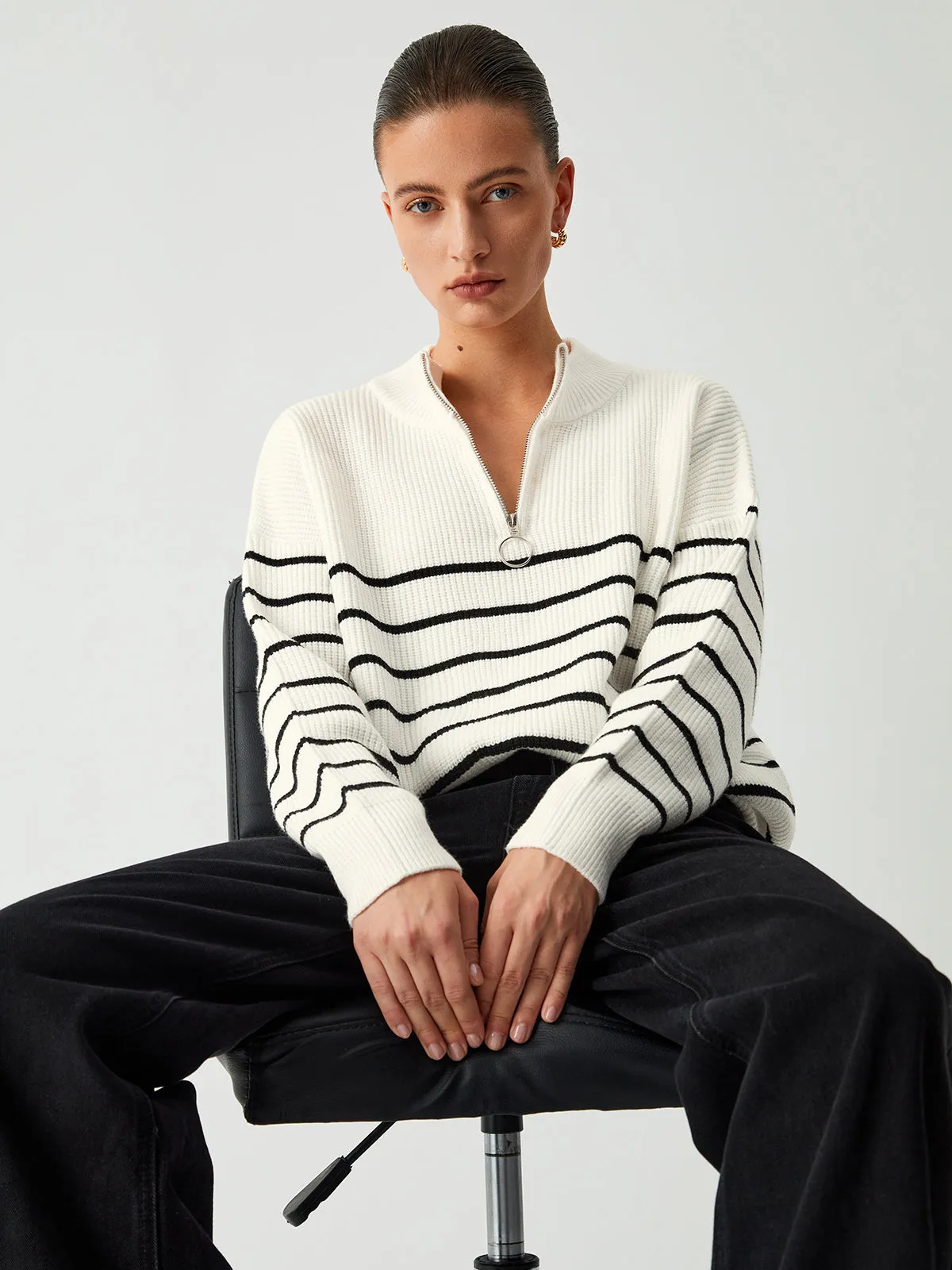 Miss Paris Stripe Zip Up Sweater sold by COMMENSE product image thumbnail 2