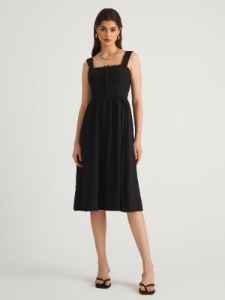 Lace Trim Smocked Zippered Midi Dress sold by COMMENSE