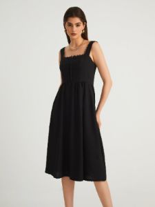 Lace Trim Smocked Zippered Midi Dress sold by COMMENSE