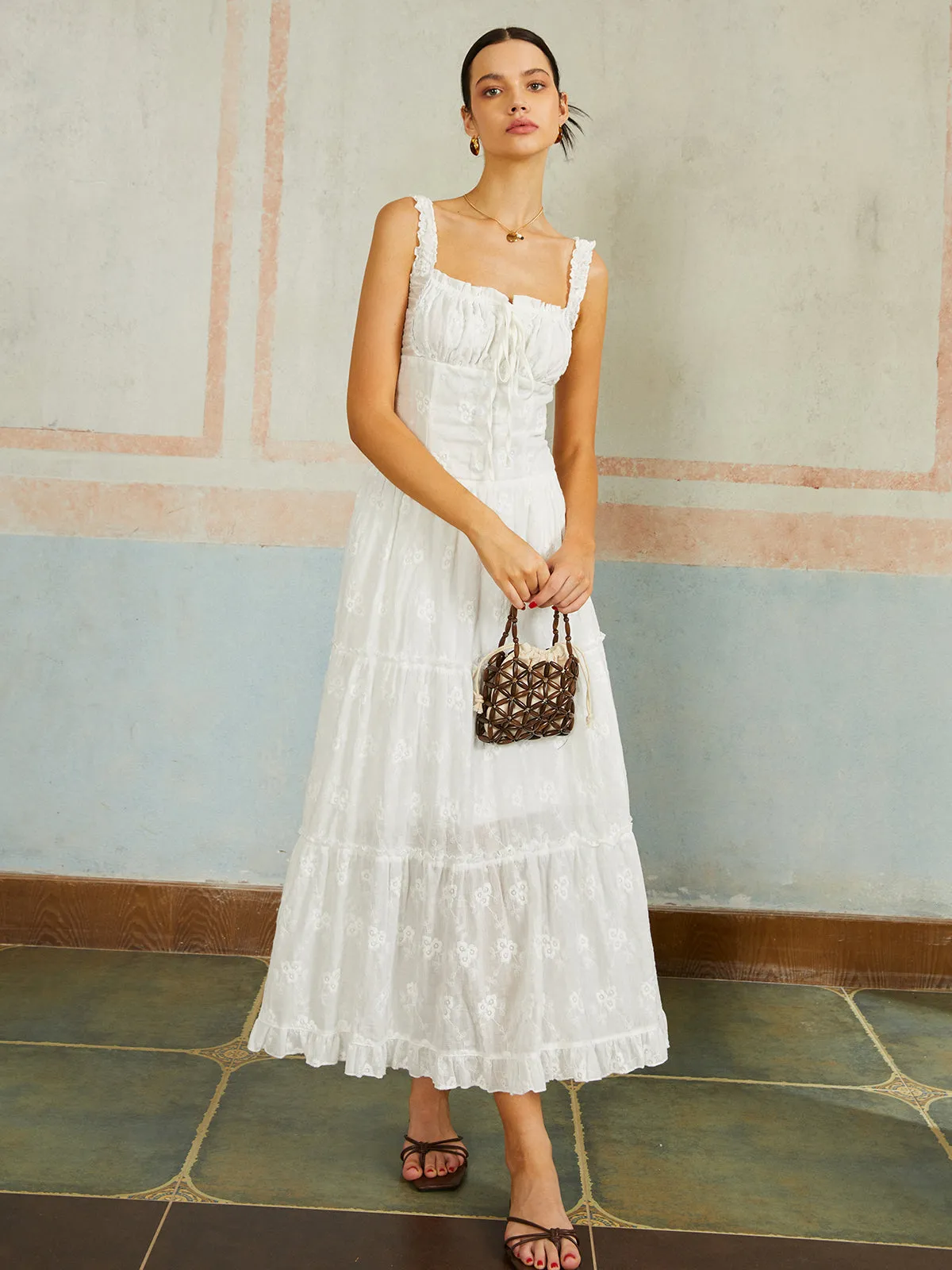 Ruffled Hem Sleeveless Embroidered Long Dress sold by COMMENSE product image thumbnail 2