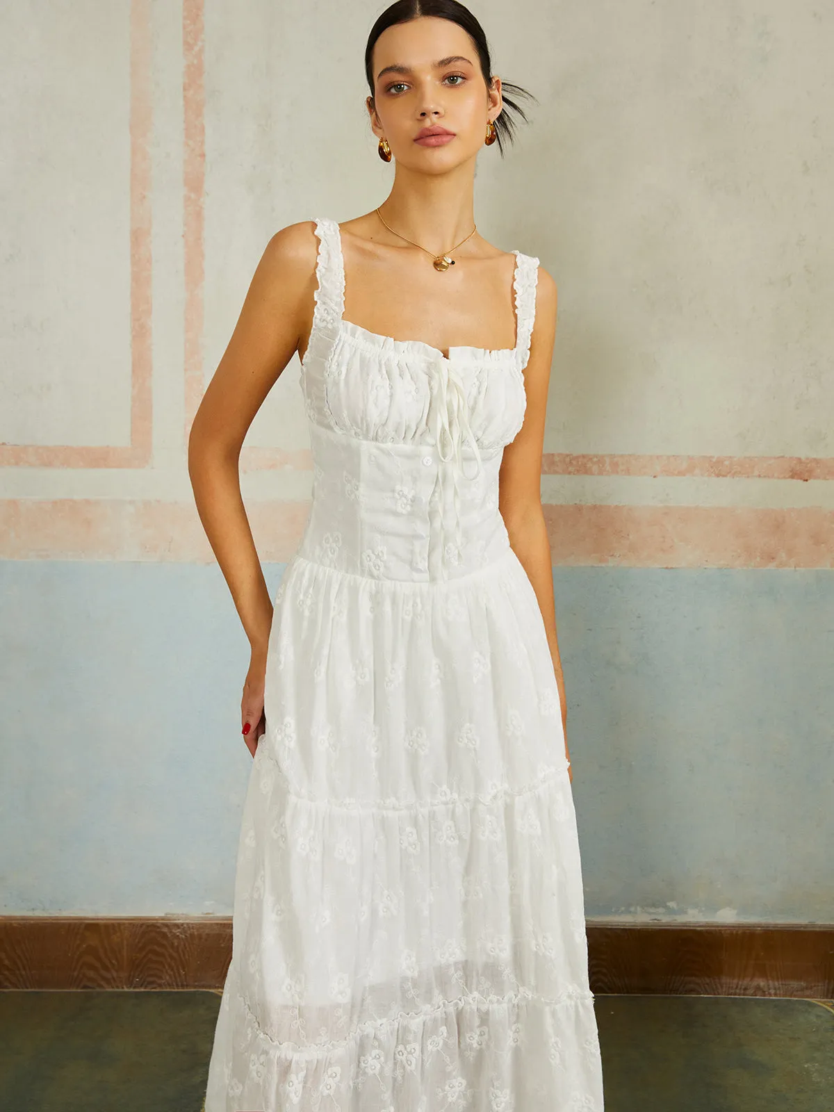 Ruffled Hem Sleeveless Embroidered Long Dress sold by COMMENSE product image thumbnail 3