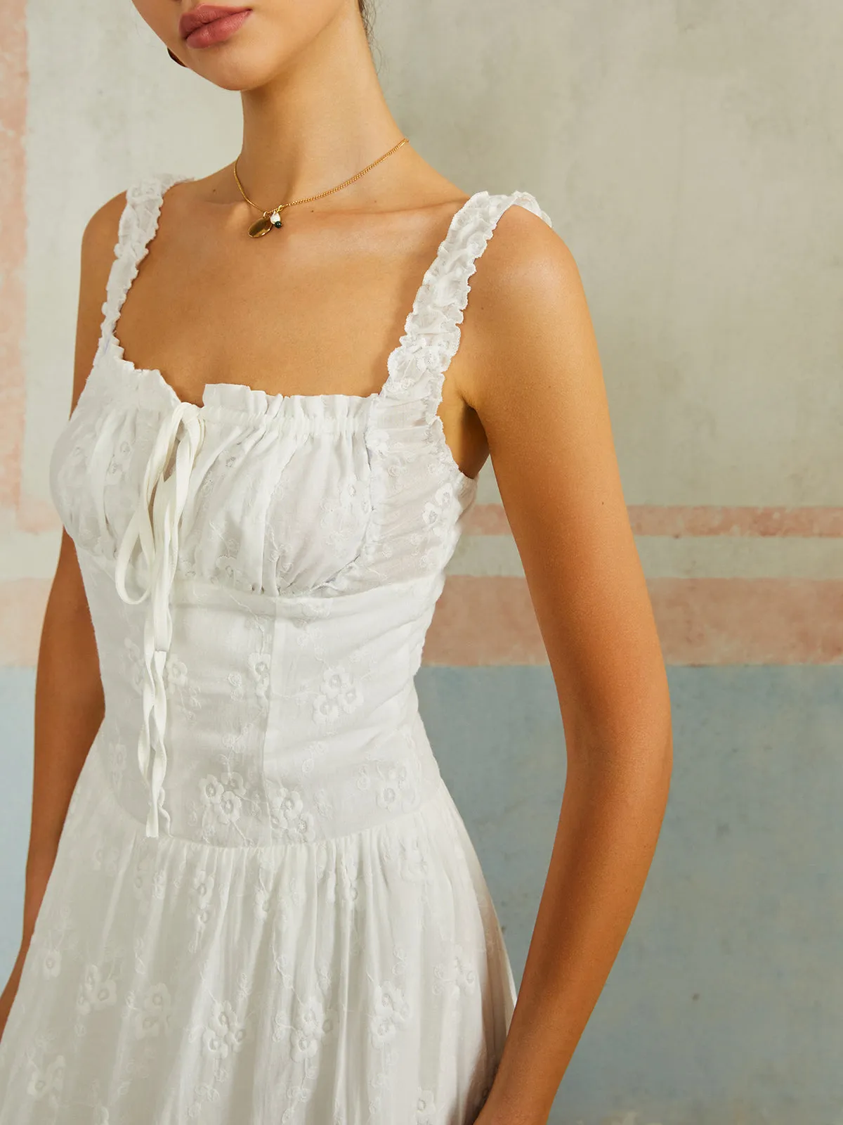 Ruffled Hem Sleeveless Embroidered Long Dress sold by COMMENSE product image thumbnail 4