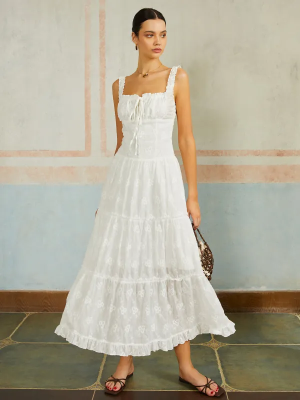 Ruffled Hem Sleeveless Embroidered Long Dress sold by COMMENSE