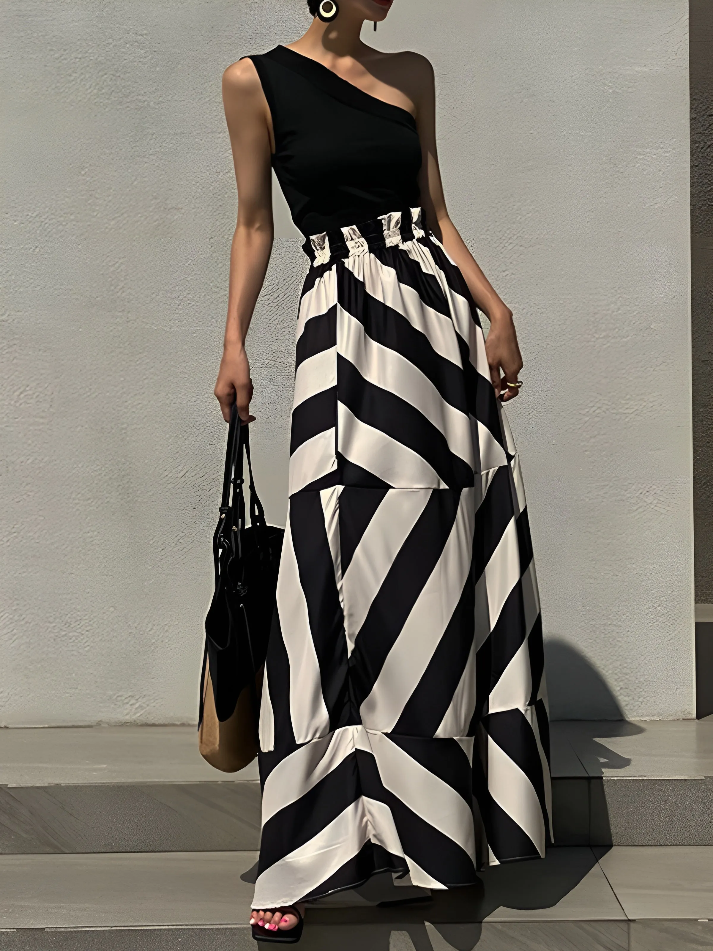 Stripe Print Long Skirt sold by COMMENSE