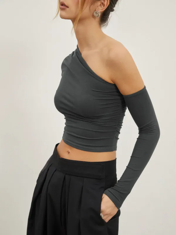 Asymmetric Sleeve Ruched Crop Shirt made by COMMENSE