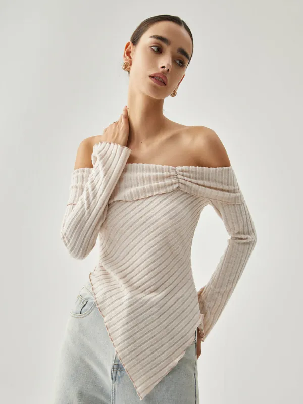 Asymmetric Overfold Off Shoulder Ribbed Knit Long Sleeve Shirt sold by COMMENSE