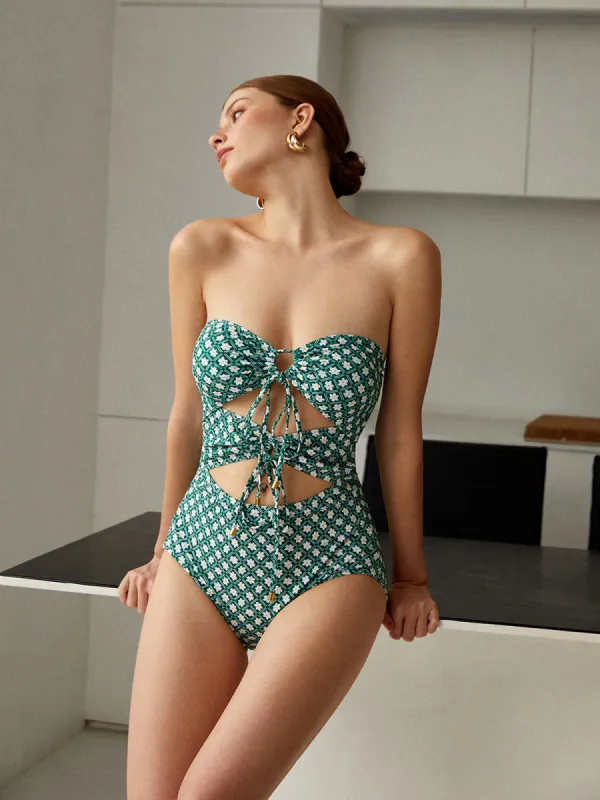 Floral Cutout Strapless One-Piece Swimsuit sold by COMMENSE