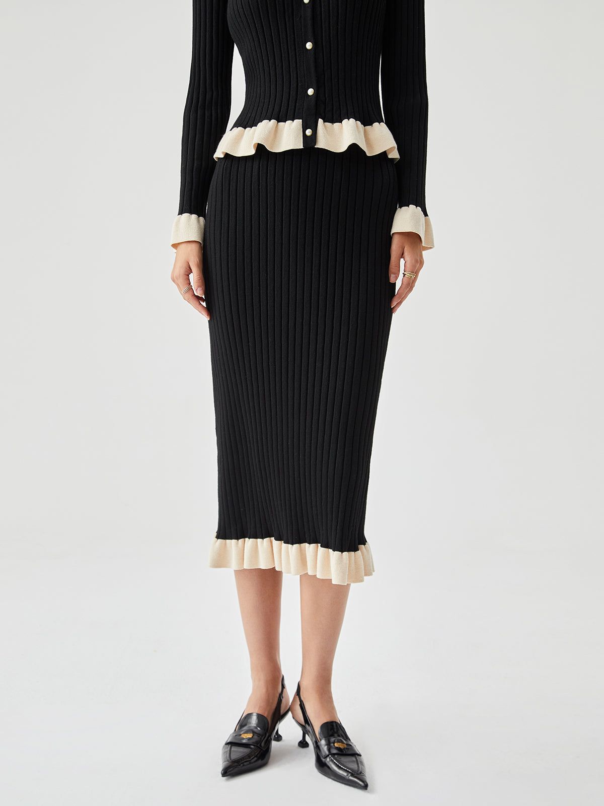 Contrast Ruffled Trim Ribbed Knit Sweater Midi Skirt sold by COMMENSE product image thumbnail 2