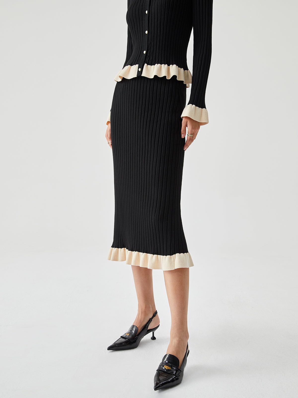 Contrast Ruffled Trim Ribbed Knit Sweater Midi Skirt sold by COMMENSE product image thumbnail 3