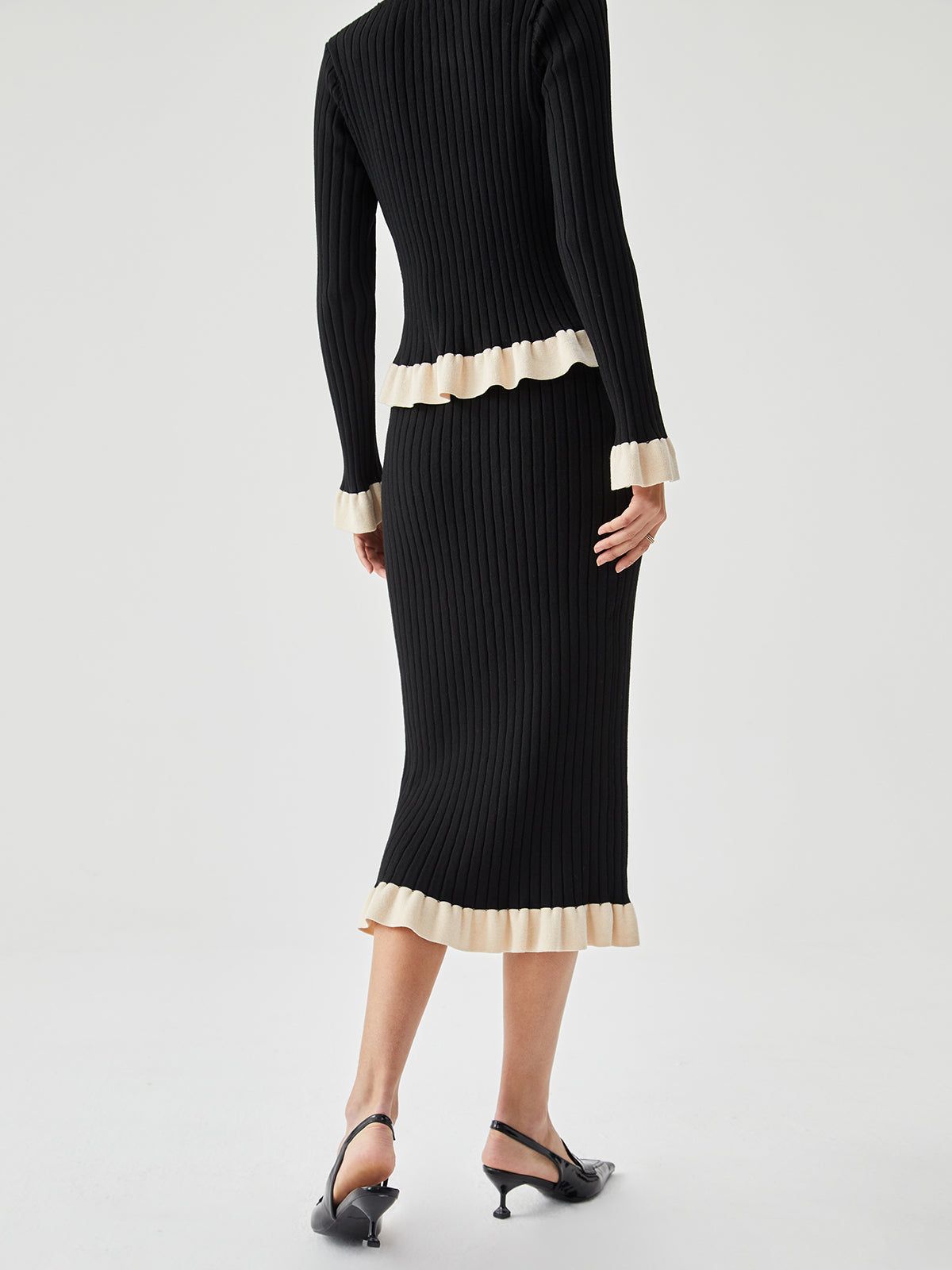 Contrast Ruffled Trim Ribbed Knit Sweater Midi Skirt sold by COMMENSE product image thumbnail 4