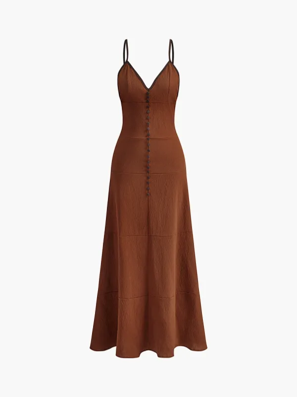 Contrast Binding Button Spaghetti Strap Long Dress sold by COMMENSE