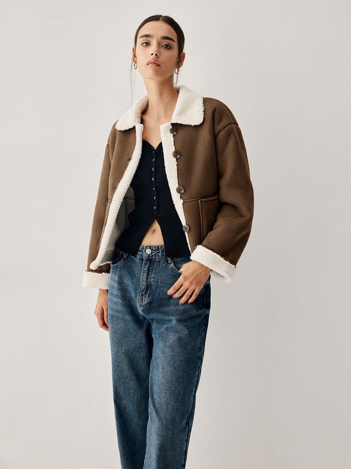 Sherpa Lined Suede Shearling Aviator Jacket sold by COMMENSE product image thumbnail 4