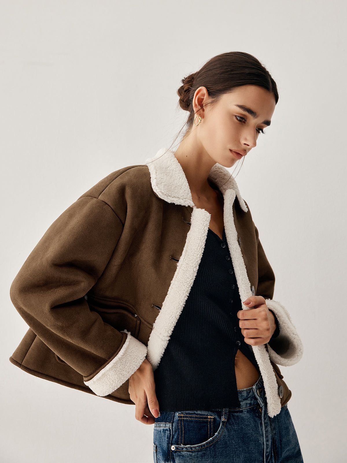 Sherpa Lined Suede Shearling Aviator Jacket sold by COMMENSE product image thumbnail 5