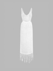 Fringed Crochet Open Back Cover Up Midi Dress sold by COMMENSE