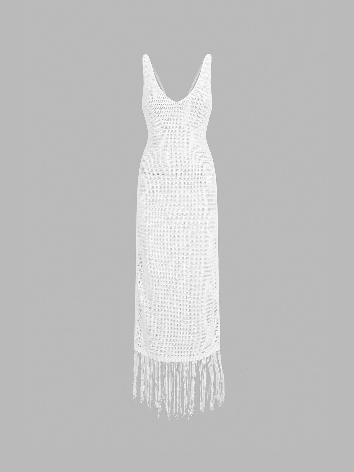 Fringed Crochet Open Back Cover Up Midi Dress sold by COMMENSE