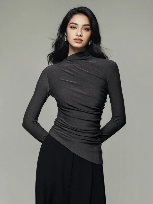 Asymmetric Collar Draped Long Sleeve Shirt sold by COMMENSE