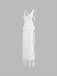 Fringed Crochet Open Back Cover Up Midi Dress sold by COMMENSE