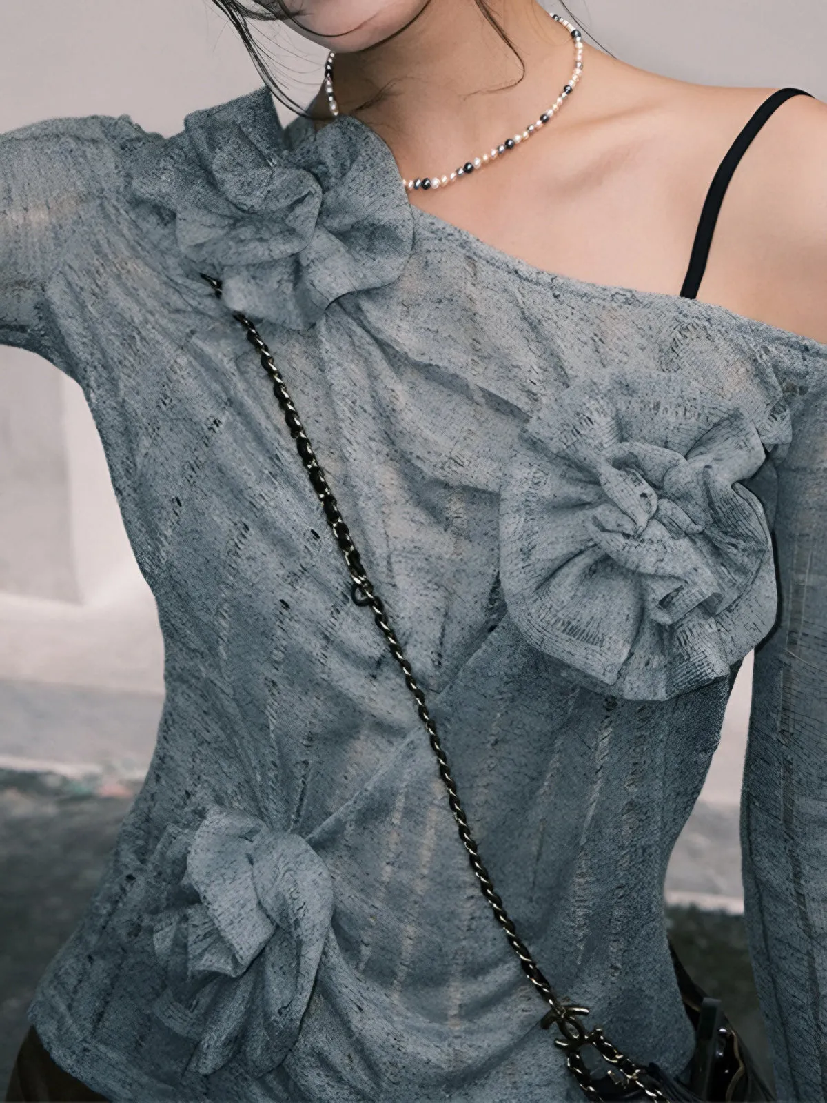 Asymmetrical Floral Knitted Sweater sold by COMMENSE product image thumbnail 3