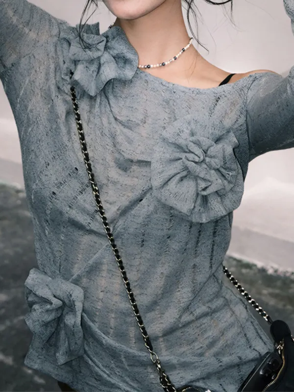 Asymmetrical Floral Knitted Sweater sold by COMMENSE