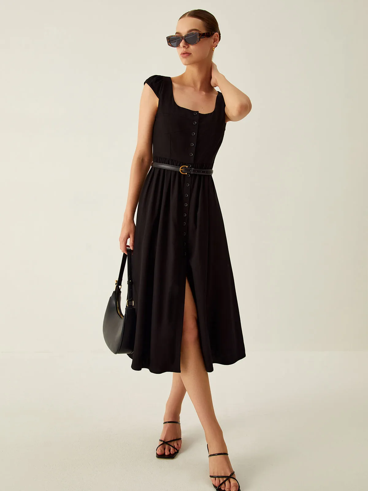 Linen Blends Button Front Midi Dress Without Belt sold by COMMENSE