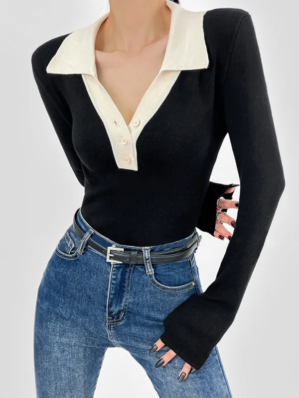 Contrast Trim Button Up Ribbed Shirt sold by COMMENSE