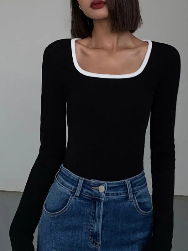 Sliver Lining Contrast Neckline Long Sleeve Top sold by COMMENSE