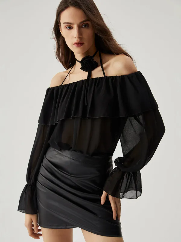 Chiffon Semi-sheer Ruffled Trim Off Shoulder Halter Blouse sold by COMMENSE