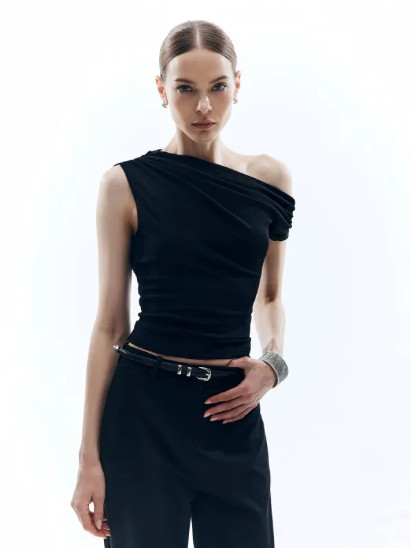 Asymmetrical Solid Stretch Slim Blouse sold by COMMENSE