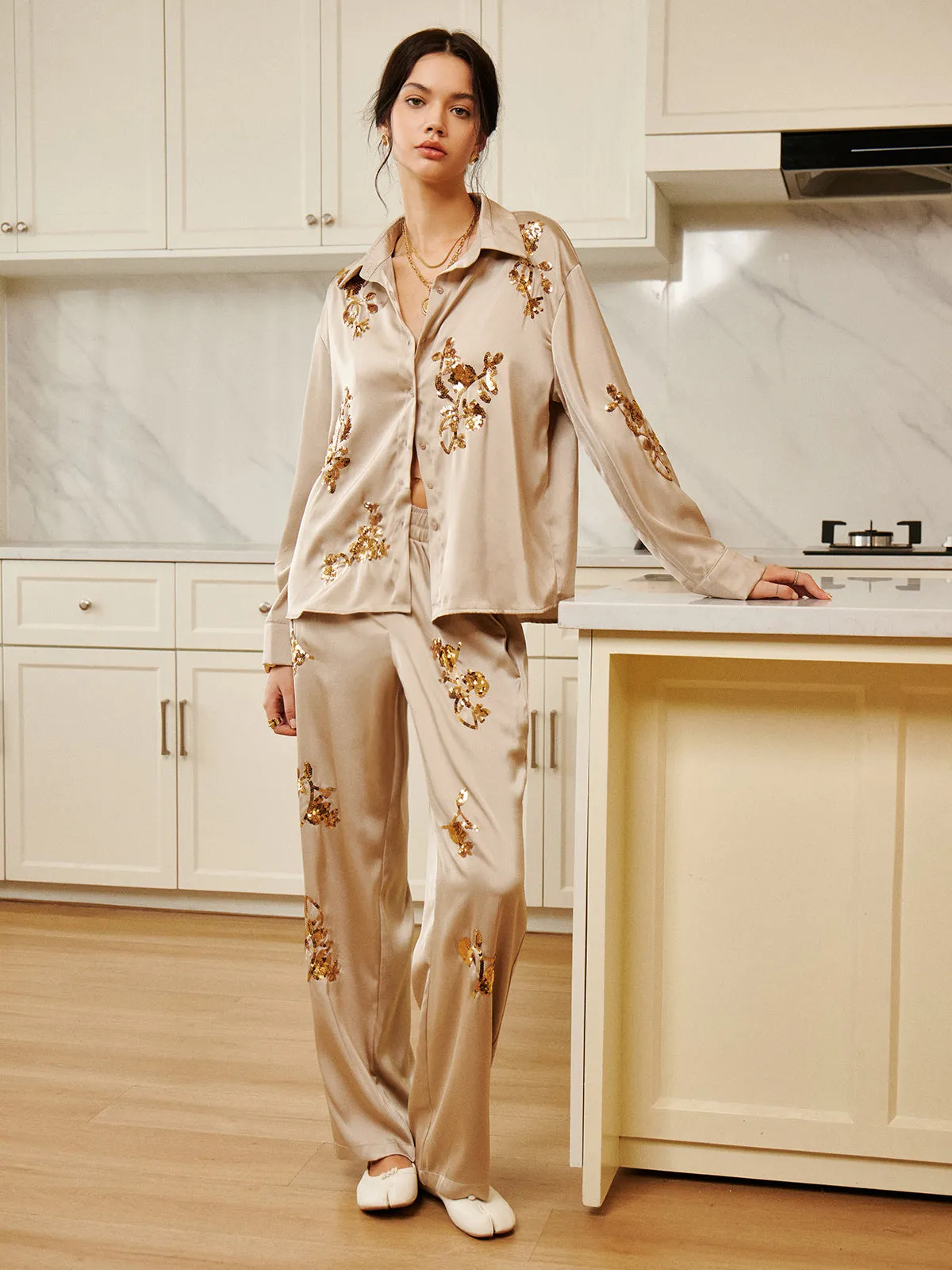 Satin Sequin Embroidery Lapel Pants Set sold by COMMENSE product image thumbnail 5