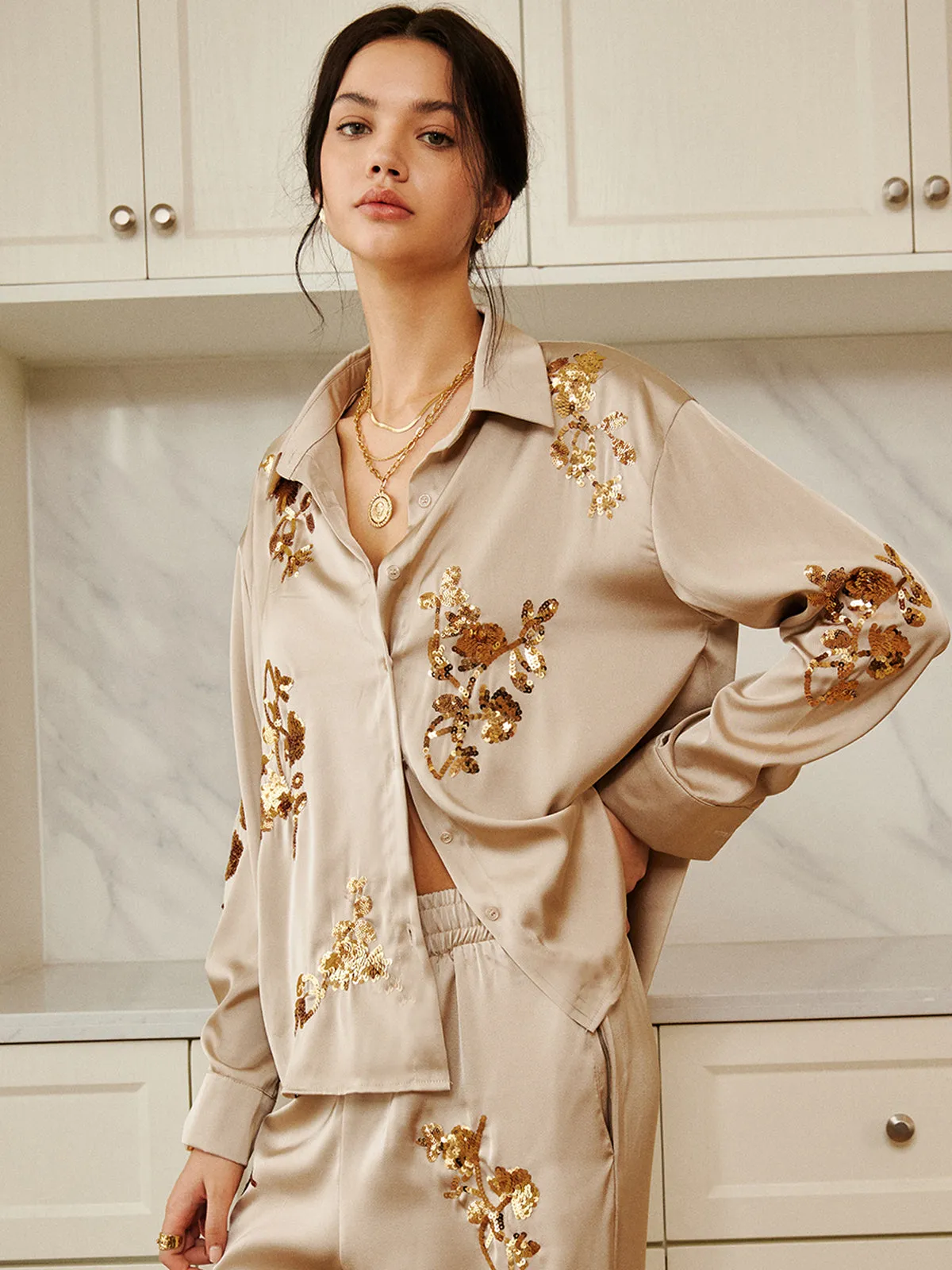 Satin Sequin Embroidery Lapel Pants Set sold by COMMENSE product image thumbnail 3