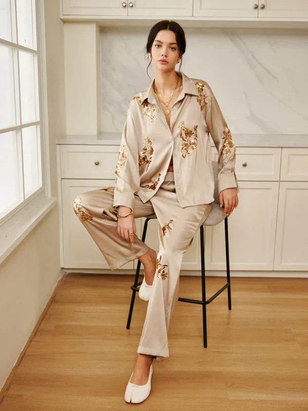 Satin Sequin Embroidery Lapel Pants Set sold by COMMENSE