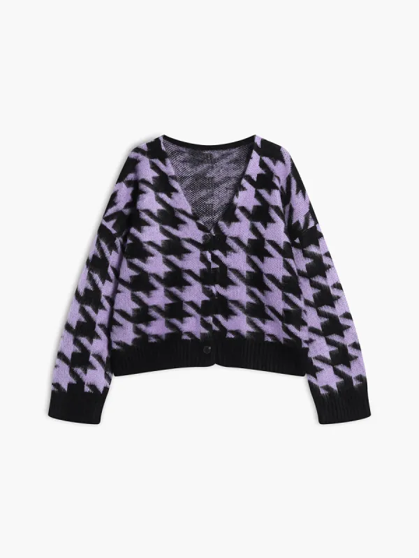 Lavender Houndstooth Fuzzy Cardigan sold by COMMENSE