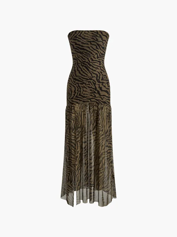 Tiger Print Strapless Mesh Dress sold by COMMENSE