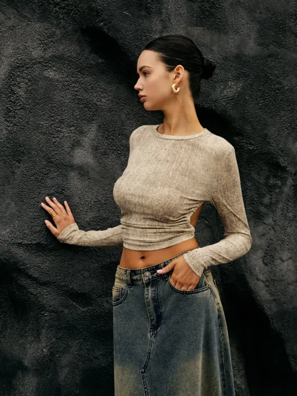 Drawstring Backless Long Sleeve Crop Top sold by COMMENSE