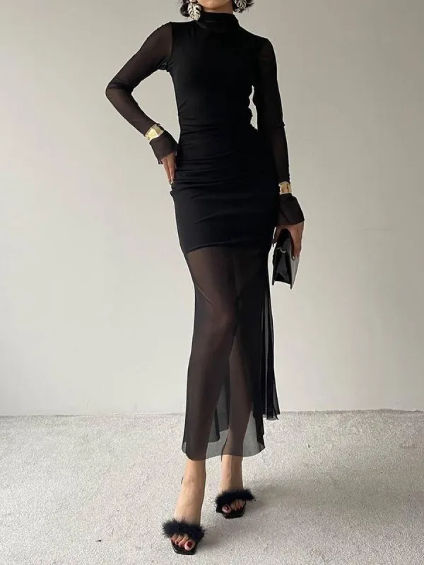Semi-sheer Mesh Long Sleeve Midi Dress sold by COMMENSE