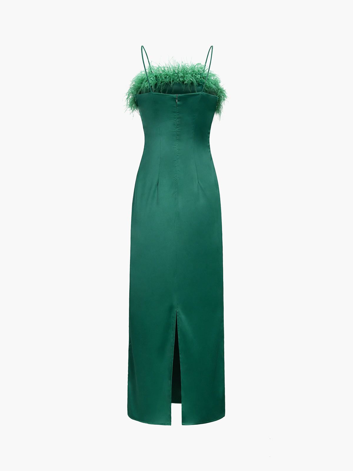 Emerald Green Fuzzy Trim Satin Midi Dress sold by COMMENSE product image thumbnail 2