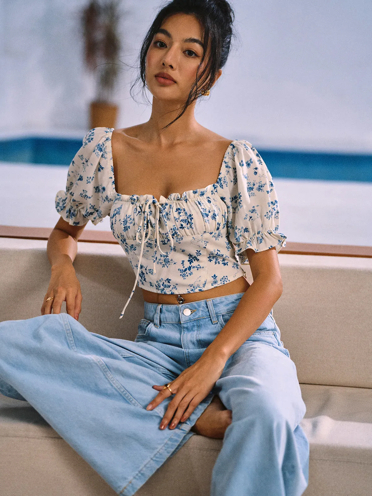 Floral Print Knotted Shirred Blouse sold by COMMENSE product image thumbnail 3