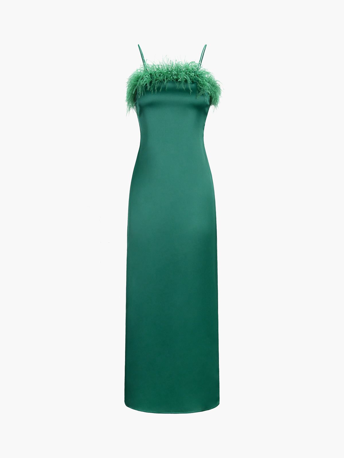 Emerald Green Fuzzy Trim Satin Midi Dress sold by COMMENSE
