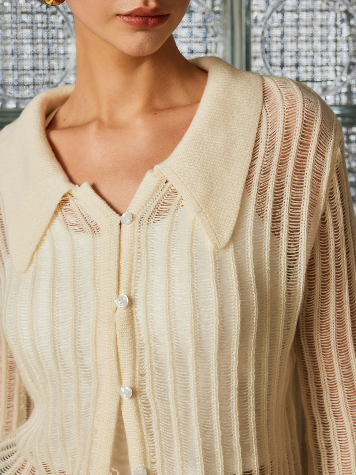 Lapel Draped Hollow Knit Cardigan sold by COMMENSE product image thumbnail 3