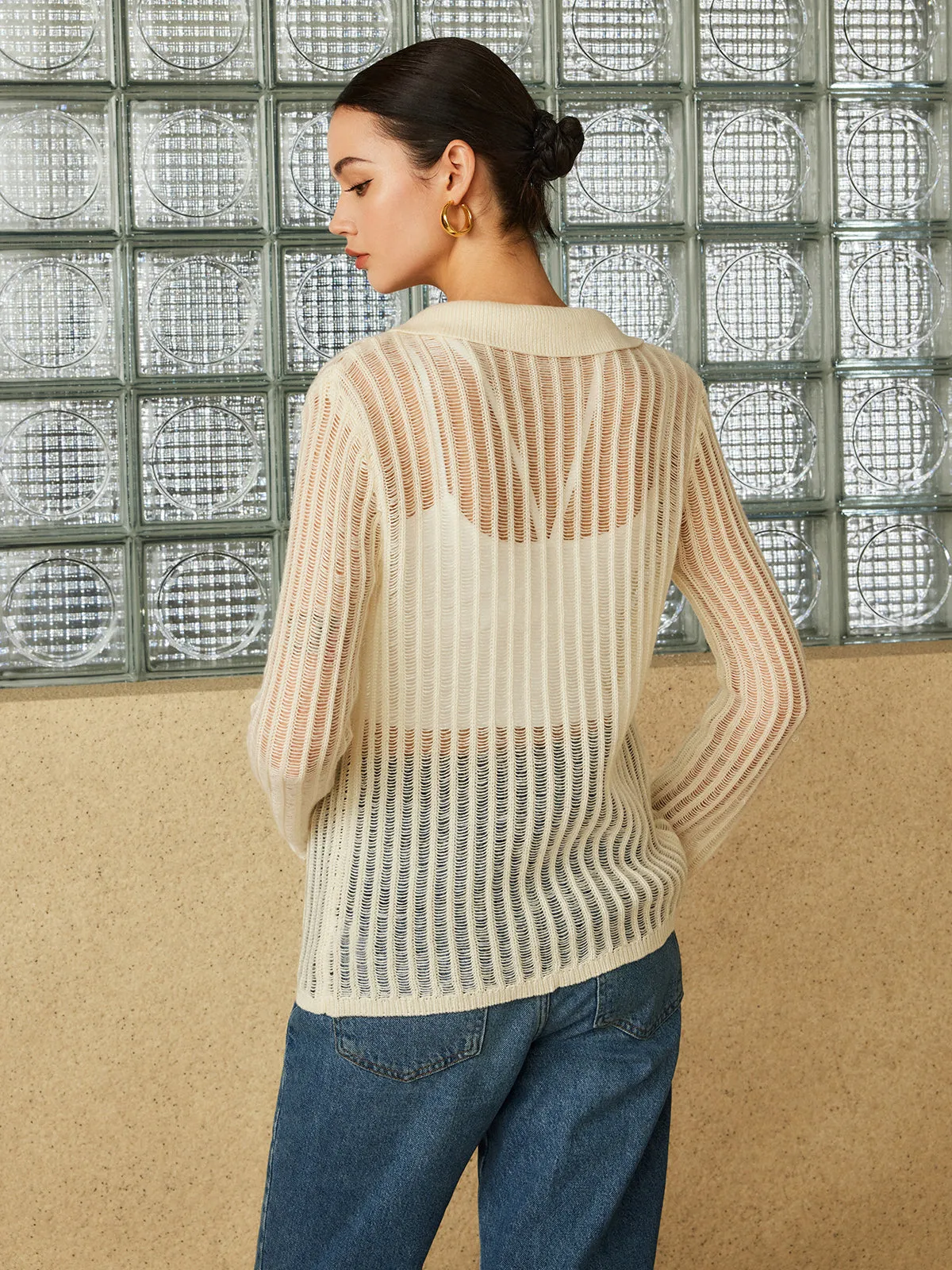 Lapel Draped Hollow Knit Cardigan sold by COMMENSE product image thumbnail 4