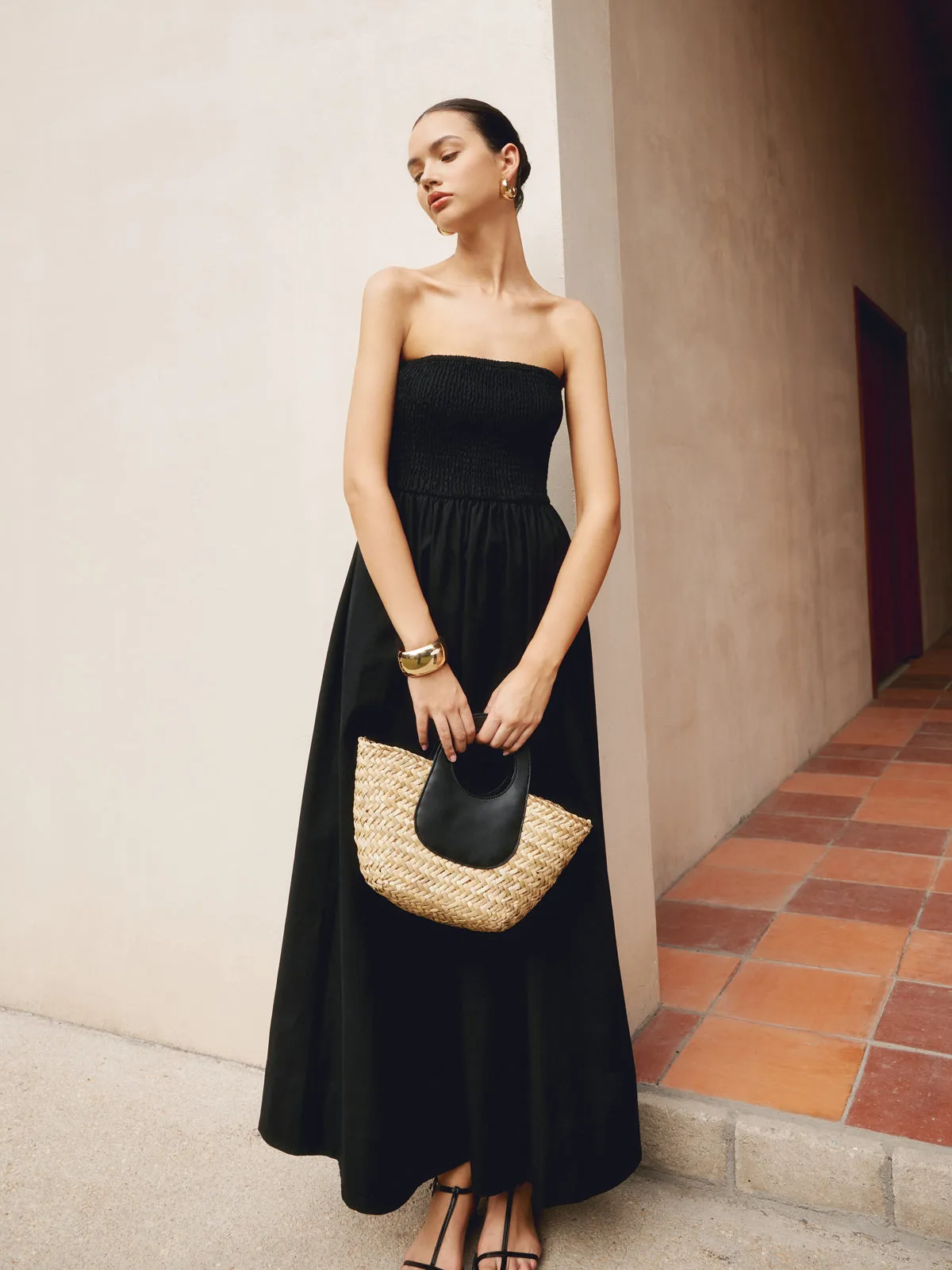 Cotton & Linen Pleat Strapless Long Dress sold by COMMENSE product image thumbnail 2